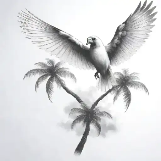 flying  cardinal and palm tree  siloette  and clouds  tattoo design idea