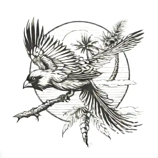 cardinal flying, palm tree, beach tattoo design idea