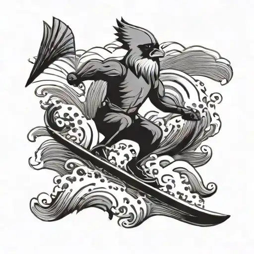 A cardinal bird gracefully water skiing on the ocean waves tattoo design idea