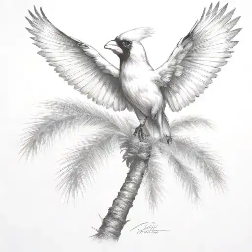 flying  cardinal and palm tree  tattoo design idea