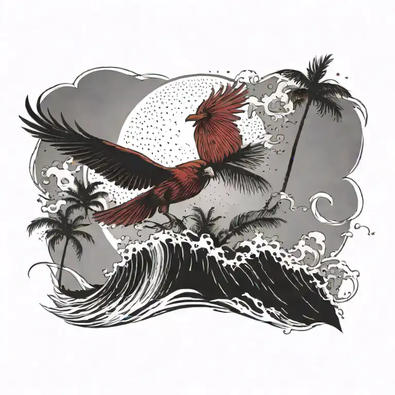 cardinal flying, palm tree, crashing ocean wave  tattoo design idea