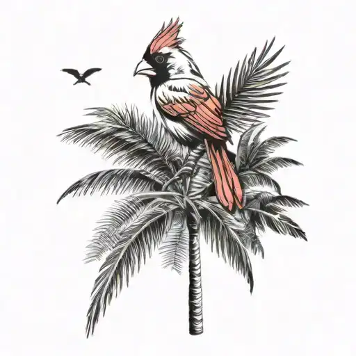 cardinal flying over palm trees tattoo design idea