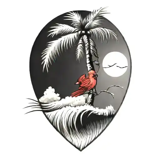 cardinal flying, palm tree, crashing ocean wave  tattoo design idea
