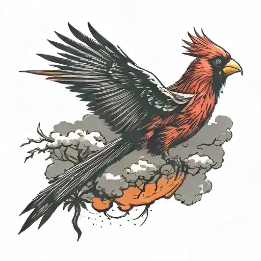 fierce flying cardinal, palmtree, storm clouds tattoo design idea