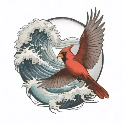 cardinal flying under an ocean wave breaking with a palm tree tattoo design idea