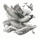flying cardinal and rolling wave tattoo design idea