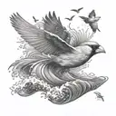 flying cardinal and rolling wave tattoo design idea