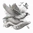 flying cardinal and rolling wave tattoo design idea