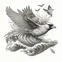 flying cardinal and rolling wave tattoo design idea