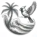 cardinal flying under an ocean wave with palm tree background tattoo design idea