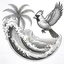 cardinal flying under an ocean wave with palm tree background tattoo design idea