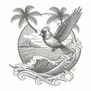 cardinal flying under an ocean wave with palm tree background tattoo design idea