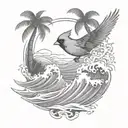 cardinal flying under an ocean wave with palm tree background tattoo design idea