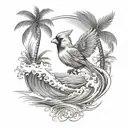 cardinal flying under an ocean wave with palm tree background tattoo design idea