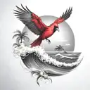 flying cardinal, and palm tree, rolling ocean wave  tattoo design idea