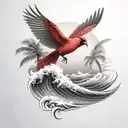 flying cardinal, and palm tree, rolling ocean wave  tattoo design idea