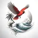 flying cardinal, and palm tree, rolling ocean wave  tattoo design idea
