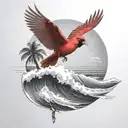 flying cardinal, and palm tree, rolling ocean wave  tattoo design idea