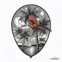 flying  cardinal, palm trees, clouds tattoo design idea