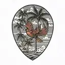 flying  cardinal, palm trees, clouds tattoo design idea