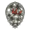 flying  cardinal, palm trees, clouds tattoo design idea