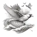 flying cardinal and rolling wave and palm tree tattoo design idea