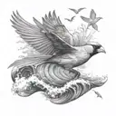 flying cardinal and rolling wave and palm tree tattoo design idea
