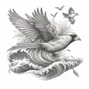 flying cardinal and rolling wave and palm tree tattoo design idea