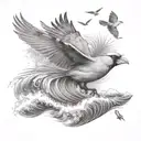 flying cardinal and rolling wave and palm tree tattoo design idea