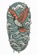 flying cardinal, ocean waves tattoo design idea