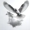 flying  cardinal and palm tree  siloette  and clouds  tattoo design idea