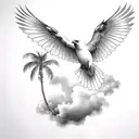 flying  cardinal and palm tree  siloette  and clouds  tattoo design idea