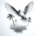 flying  cardinal and palm tree  siloette  and clouds  tattoo design idea