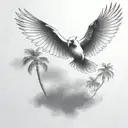 flying  cardinal and palm tree  siloette  and clouds  tattoo design idea