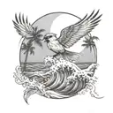 cardinal flying, palm tree, crashing ocean wave  tattoo design idea