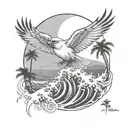 cardinal flying, palm tree, crashing ocean wave  tattoo design idea