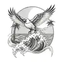 cardinal flying, palm tree, crashing ocean wave  tattoo design idea