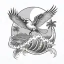 cardinal flying, palm tree, crashing ocean wave  tattoo design idea