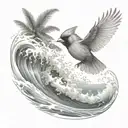 cardinal flying under an ocean wave with palm tree background tattoo design idea