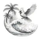 cardinal flying under an ocean wave with palm tree background tattoo design idea