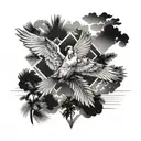 flying  cardinal, palm trees, clouds tattoo design idea