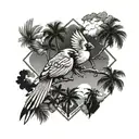 flying  cardinal, palm trees, clouds tattoo design idea
