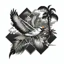 flying  cardinal, palm trees, clouds tattoo design idea