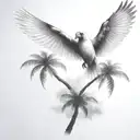 flying  cardinal and palm tree  siloette  and clouds  tattoo design idea