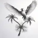 flying  cardinal and palm tree  siloette  and clouds  tattoo design idea