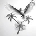 flying  cardinal and palm tree  siloette  and clouds  tattoo design idea