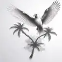 flying  cardinal and palm tree  siloette  and clouds  tattoo design idea