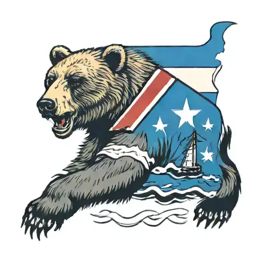 A traditional style tattoo of a bear with a Texas flag draped over its shoulders, set against a backdrop of oil rigs and pipelines tattoo design idea