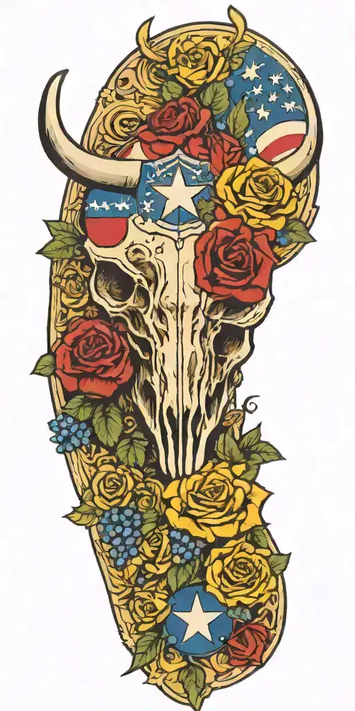 Texas flag, bear head, longhorn skull, yellow rose, blue bonnets, Alamo, Sam Houston  tattoo design idea