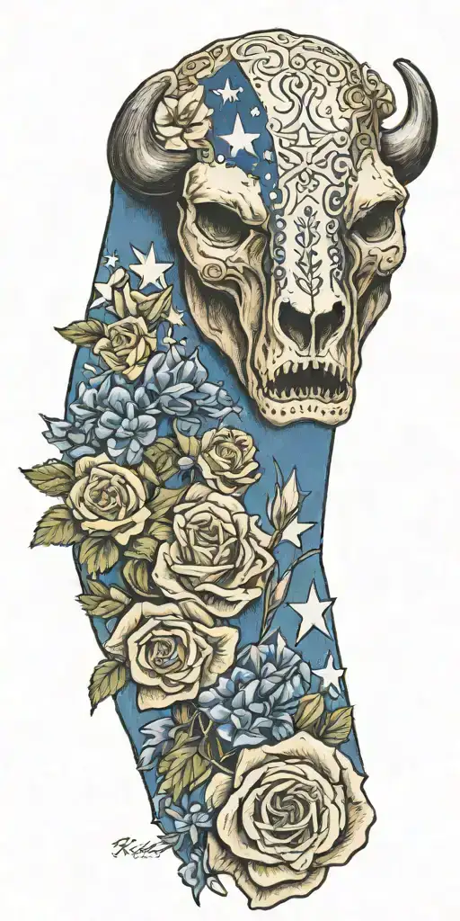 Texas flag, bear head, longhorn skull, yellow rose, blue bonnets, Alamo, Sam Houston  tattoo design idea